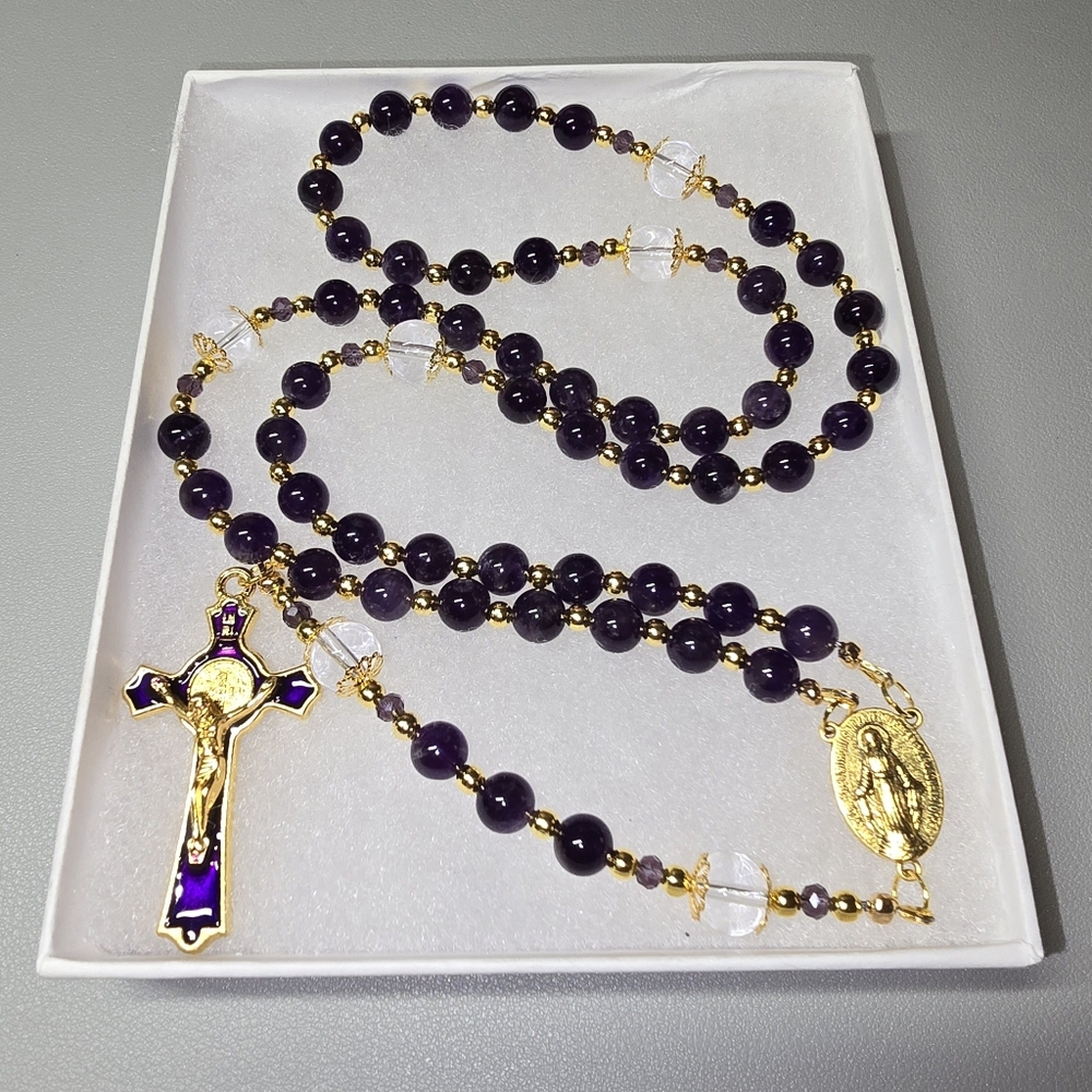 Large One Of A Kind Hand Crafted Rosary Made With Natural Amethyst And Quartz